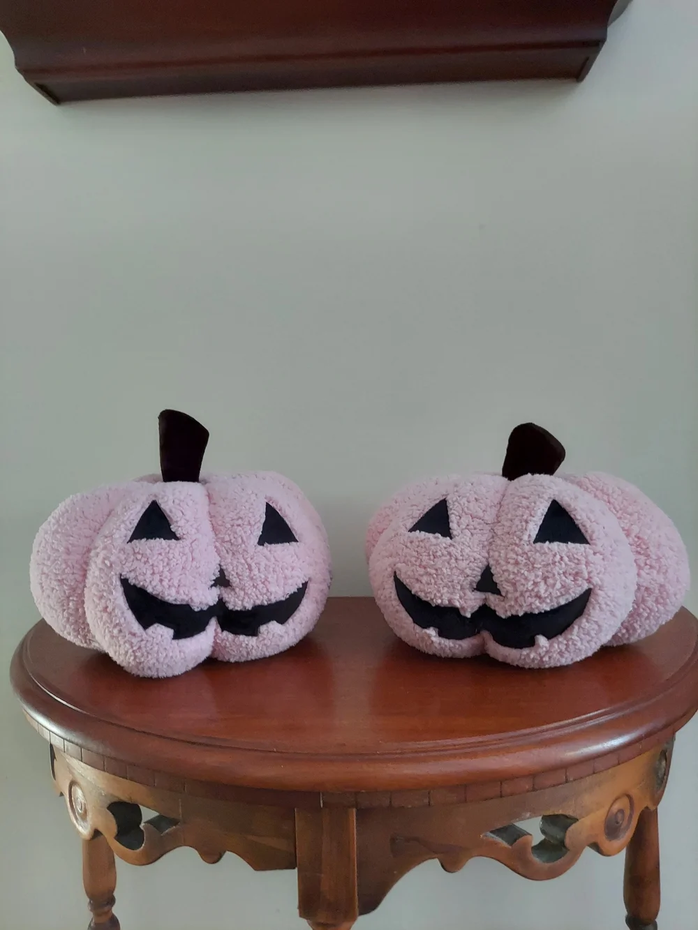 Set Of 2 Pink Sherpa Jack-O'-Lantern Pumpkin Decorative Pillows.